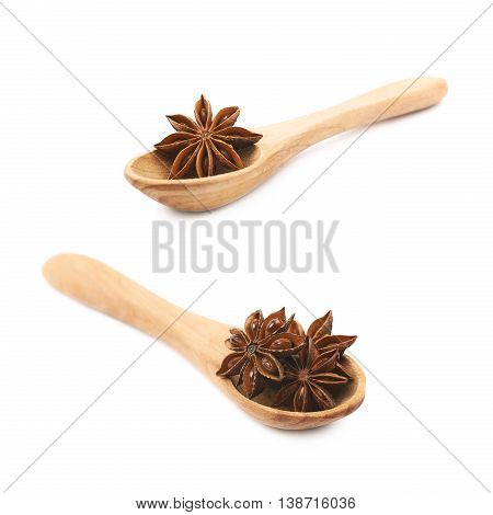 Chinese star anise seed served in a wooden spoon, composition isolated over the white background, set of two different foreshortenings