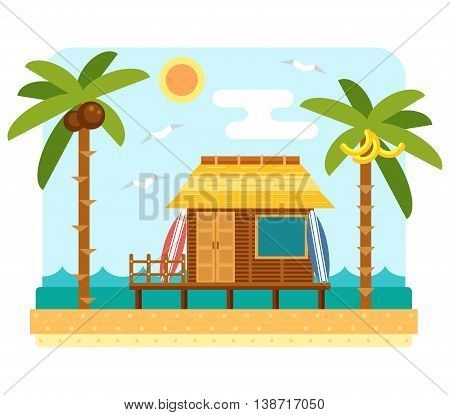 Beach bungalow hotel. Flat beach scene with hut, sea, send, surfboard and palm tree. Surfers bungalow with two board. Summer beach and ocean waves landscape. Bungalow hotel on coast. Tropical paradise