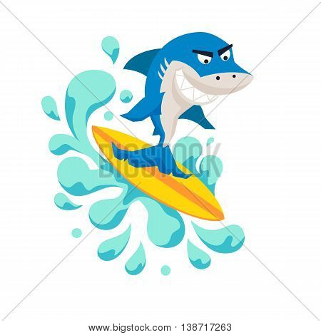 Surfer cool shark on wave. Sirfing monsters. Fun surf print with cute shark vector illustration. Comic sea character on surfboard. Water sports kid poster. Ride shark athlete