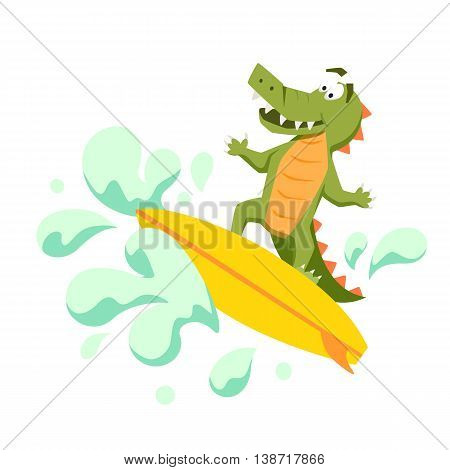 Surfer cool crocodile on wave. Sirfing monsters. Fun surf print with cute crocodile vector illustration. Comic sea character on surfboard. Water sports kid poster. Ride crocodile athlete