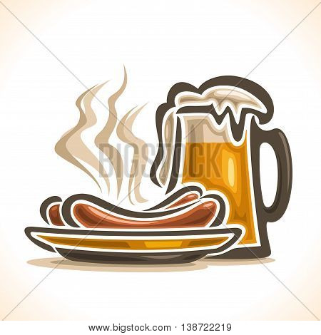 Vector logo for beer, consisting of isolated glass cup, filled to the brim light lager  pilsner beer with foam on a white background and yellow dish plate with 2 hot beef sausage frankfurters