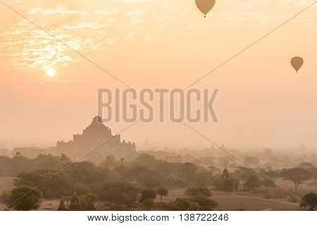 Dhammayangyi temple The biggest Temple in Bagan with hot air balloons and sunrise Myanmar
