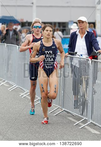 STOCKHOLM - JUL 02 2016: Triathlete Sarah True and Vicky Holland running in the Women's ITU World Triathlon series event July 02 2016 in Stockholm Sweden