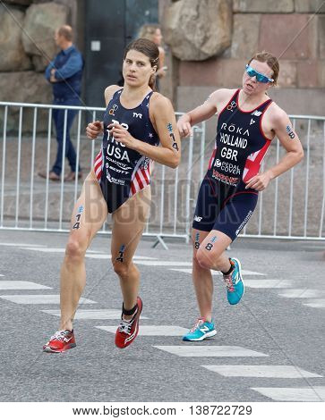 STOCKHOLM - JUL 02 2016: Triathlete Sarah True and Vicky Holland running in a curve in the Women's ITU World Triathlon series event July 02 2016 in Stockholm Sweden