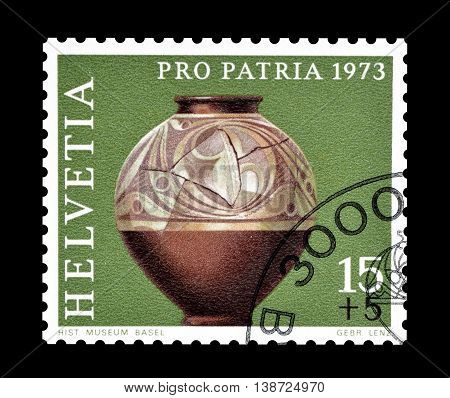 SWITZERLAND - CIRCA 1973 : Cancelled postage stamp printed by Switzerland, that shows Gallic jar.