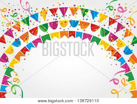 White background with many colorful flags and confetti on top