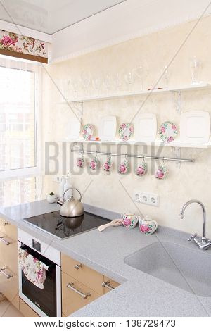 Interior Of Modern Kitchen, View Of A Window, Plate And Sink, Vertical Shot