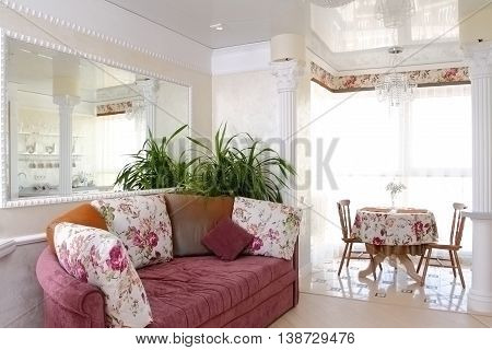 Interior Of The Modern Apartment Overlooking A Big Mirror, A Horizontal Shot