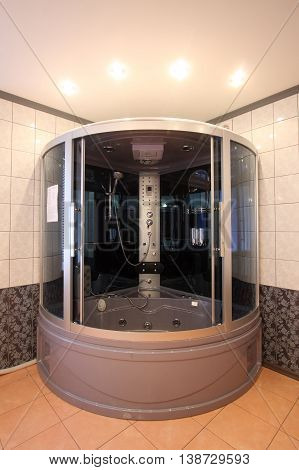 Modern Bathroom With A Mirror, A Bowl And A Convenient Per Capita Booth