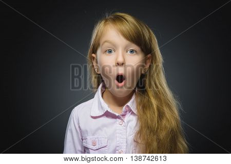 Closeup Portrait of wondering girl going surprise on gray background.