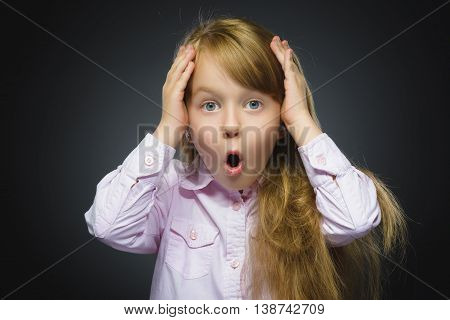 Closeup Portrait of wondering girl going surprise on gray background.