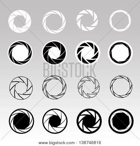 Set of black camera shutter icons on abstract background. Vector illustration