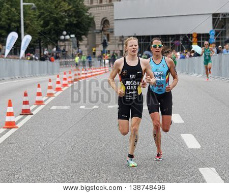 STOCKHOLM - JUL 02 2016: TCloseup of triathlete Laura Lindemann running in the Women's ITU World Triathlon series event July 02 2016 in Stockholm Sweden