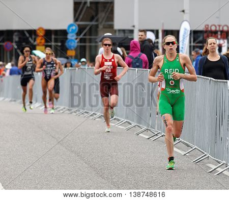 STOCKHOLM - JUL 02 2016: Triathletes Aileen Reid and Jolanda Annen running in the Women's ITU World Triathlon series event July 02 2016 in Stockholm Sweden