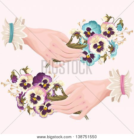 Vestor vintage illustration of womans hand with pansies