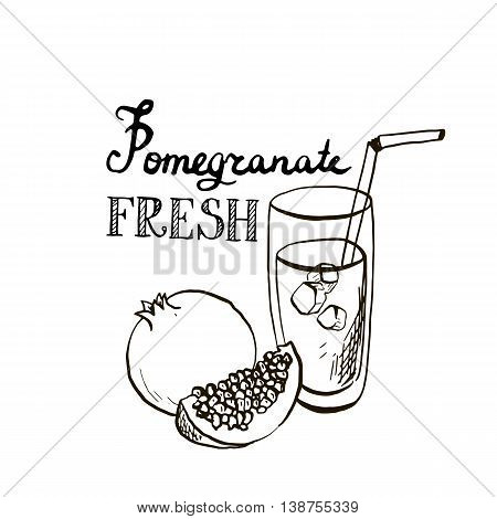 hand drawn pomegranate juice in glass, exotic fresh, fruit smoothie, ink drawing vector elements