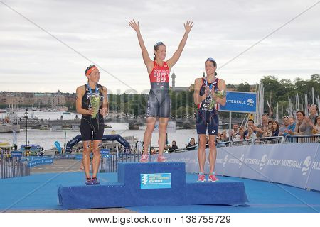 STOCKHOLM - JUL 02 2016: Flora Duffy Andrea Hewitt and Helen Jenkins on the winner's stand in the Women's ITU World Triathlon series event July 02 2016 in Stockholm Sweden