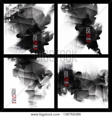 Abstract stylish background Black ink paint. Black blot isolated on white square. Grunge watercolor banner. Painting. Wallpaper with empty space for your text. Vector illustration set.