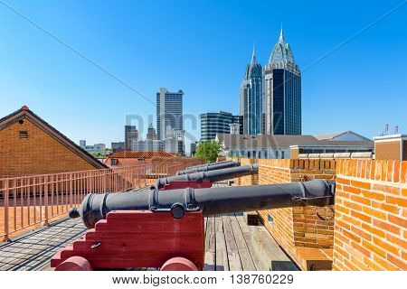 MOBILE, ALABAMA - MAY 7, 2016: The Mobile downtown skyline from historic Fort Conde.