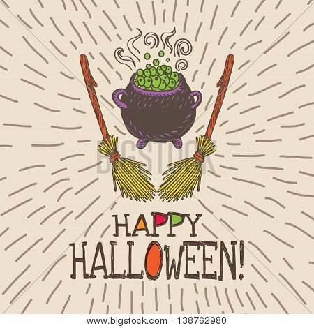 Halloween card with hand drawn witch's cauldron and broom on beige background. Vector hand drawn illustration.