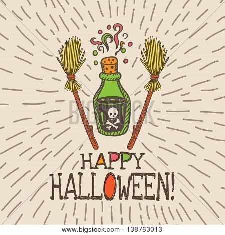 Halloween card with hand drawn magic potion bottle and broom on beige background. Vector hand drawn illustration.