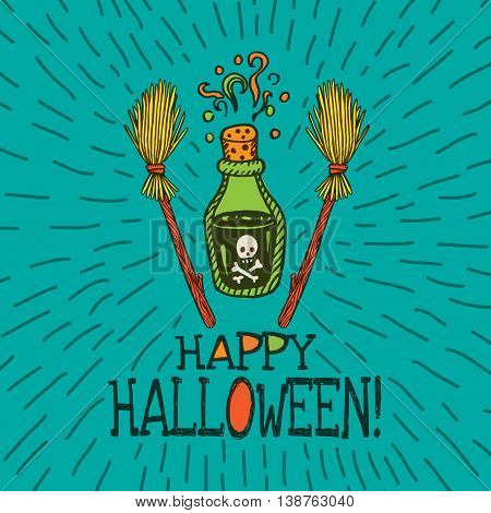 Halloween card with hand drawn magic potion bottle and broom on turquoise background. Vector hand drawn illustration.