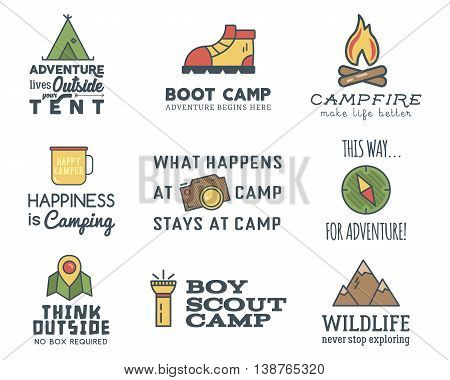 Camping logo design set with typography and travel elements - compass, mountain, tent. With vector adventure sayings and signs. Hiking trail, backpacking symbols. Nice for prints, tee design, apparel.