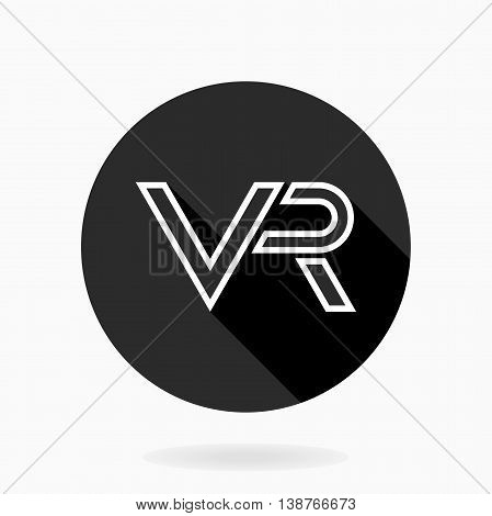 Fine vector icon with vr logo in circle. Flat design with long shadow. Black and white colors