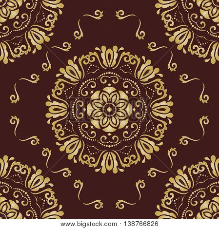 Fine vector icon with vr logo in circle. Flat design with long shadow. Brown and golden pattern