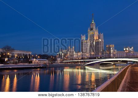 One of seven Stalin skyscrapers: the high-rise building on Kotelnicheskaya Embankment in night illumination Moscow