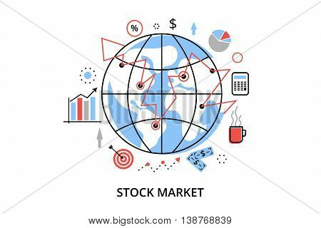 Modern flat thin line design vector illustration infographic concept with icons of stock market process and securities trading for graphic and web design