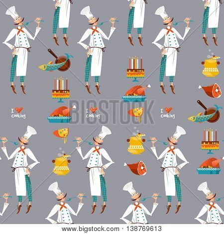 Chef cooking with various ingredients. I love cooking. Seamless background pattern. Vector illustration