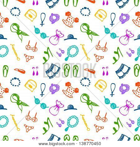 Semless vector pattern with clothes and accessory. Hand sketch drawing. Imitation of ink penciling. Series of Hand Drawn and Fashion Patterns.