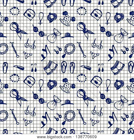 Semless vector pattern with clothes and accessory. Hand sketch drawing. Imitation of ink penciling. Series of Hand Drawn and Fashion Patterns.