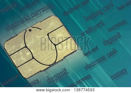 Chip from Bank credit cards the turquoise background closeup macro