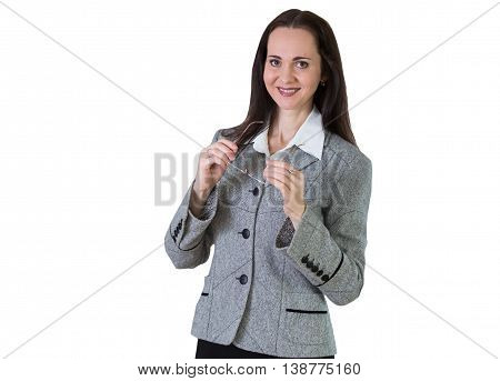 Attractive business woman portrait against of white background