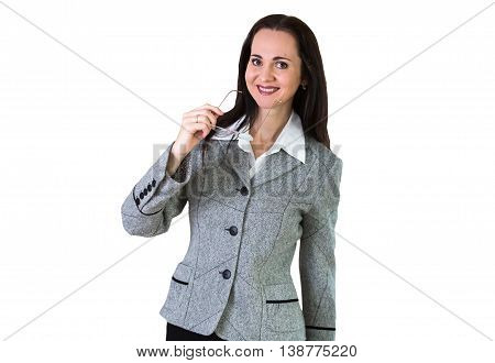 Attractive business woman portrait against of white background