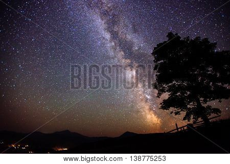 deep sky astrophoto. fantastic meteor rain and mountains.