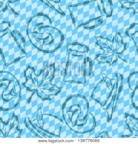 Vector background bavarian seamless pattern flag oktoberfest. On Background blue rhombus diamond  - symbols Oktoberfest: mug beer, pretzel, tyrolean hat, maple leaf. Textile tablecloth Bayern