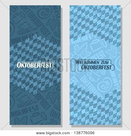 Vector vertical banners bavarian pattern flag oktoberfest. On Background blue rhombus diamond ticket invitation - symbols Oktoberfest: mug beer, pretzel, tyrolean hat, maple leaf. Flyer bavaria fest