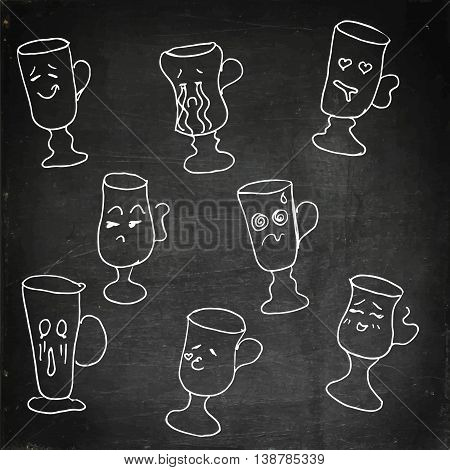 Glass collection with faces. Hand drawn vector stock illustration. Chalk board drawing.