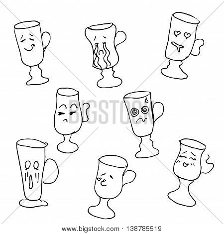 Glass collection with faces. Hand drawn vector stock illustration. Black and white whiteboard drawing.