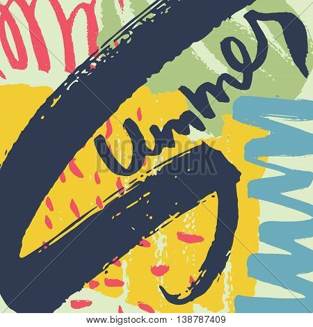 Summer Creative Card. Black dry brush hand-drawn lettering on colorful trendy textured background. Hand painted stylish grungy poster. Handwritten design element with rough edges in diagonal position