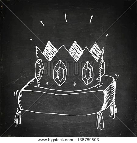 Golden crown with jewels. Hand drawn vector stock illustration. Chalk board drawing.