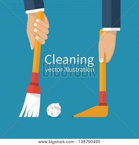 Cleaning service. Man holding in hand a broom sweeping garbage collecting in the dustpan. Vector illustration flat design. Brush and scoop.