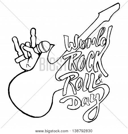 World day of rock. Hand drawn vector stock illustration. Black and white whiteboard drawing.