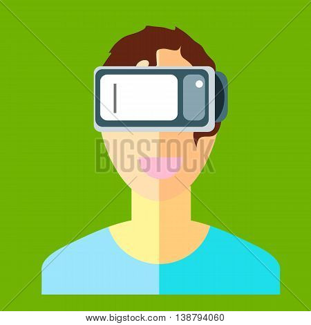 Man In A Helmet Virtual Reality Vr On A Green Background. New Technology For Watching Movies And Gam