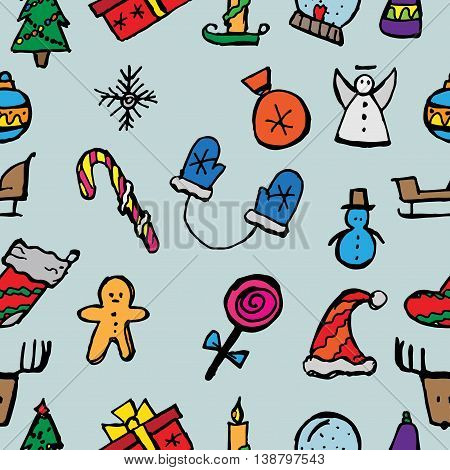 Christmas icons set. Holiday objects collection. Hand drawn vector stock illustration. Seamless background pattern.