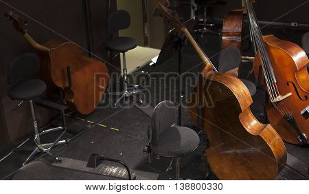 musical instruments on the stage and in the orchestra pit