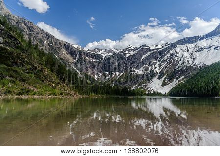 Scenic view of Avalanche Lake and glaciers in West Glacier National Park Montana